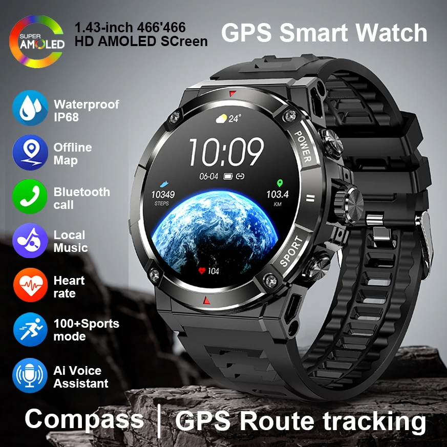 NX8PRO Smart Watch 1.43'' AMOLED Display Built-in GPS & Route Import Altitude Barometer Compass Bluetooth Call Smartwatch