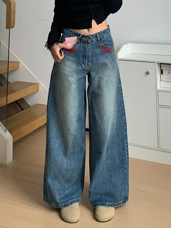 레트로 아메리칸 자수 나이프 와이드 레그 진 루즈핏 여성용 가을 겨울 스트레이트 컷 플로어 길이 낫바지