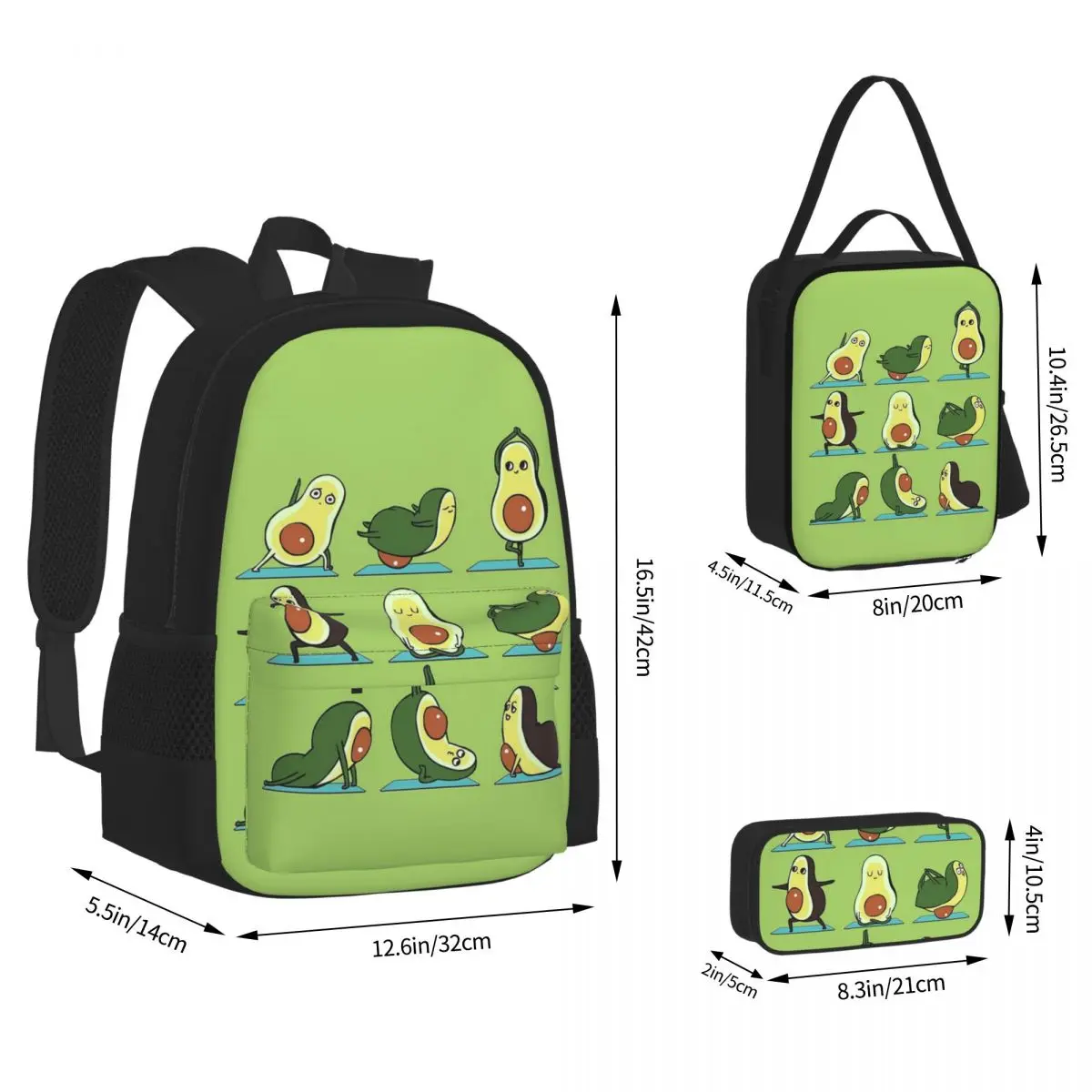 Mochilas de Yoga con aguacate para niños y niñas, mochilas escolares de dibujos animados, bolsa de almuerzo, bolsa para bolígrafos, juego de tres piezas