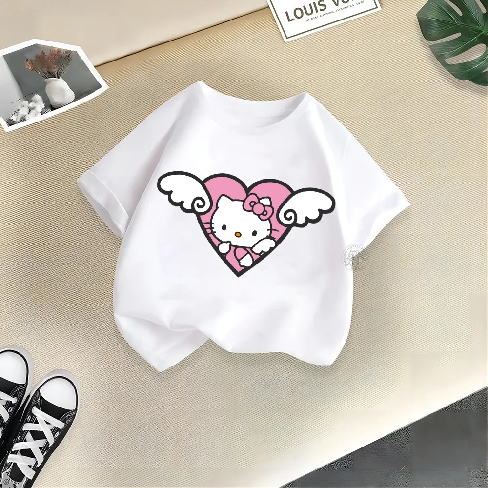 Cute cartoon Hello Kitty Kids Short sleeve T-shirt Summer anime Sanrio Boys Girls Top T-shirt Pure cotton crewneck casual top