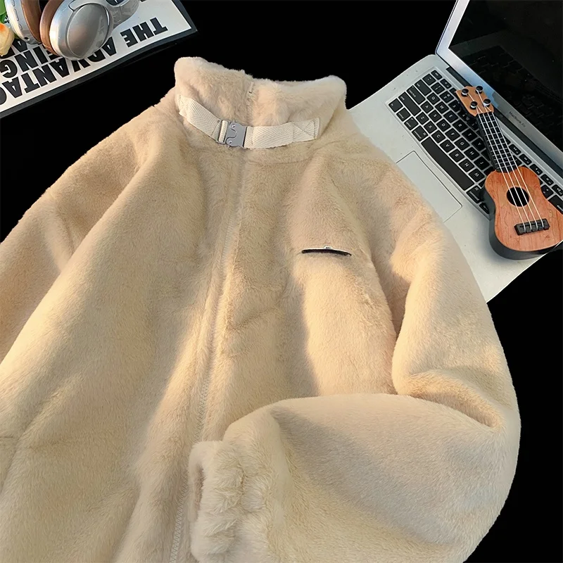 

Men's Winter Thiened Lamb Fur Jaet Rabbit Fur Coat Loose Fit Cotton Clothes Casual Sle Zipper Closure Long Sve Coat