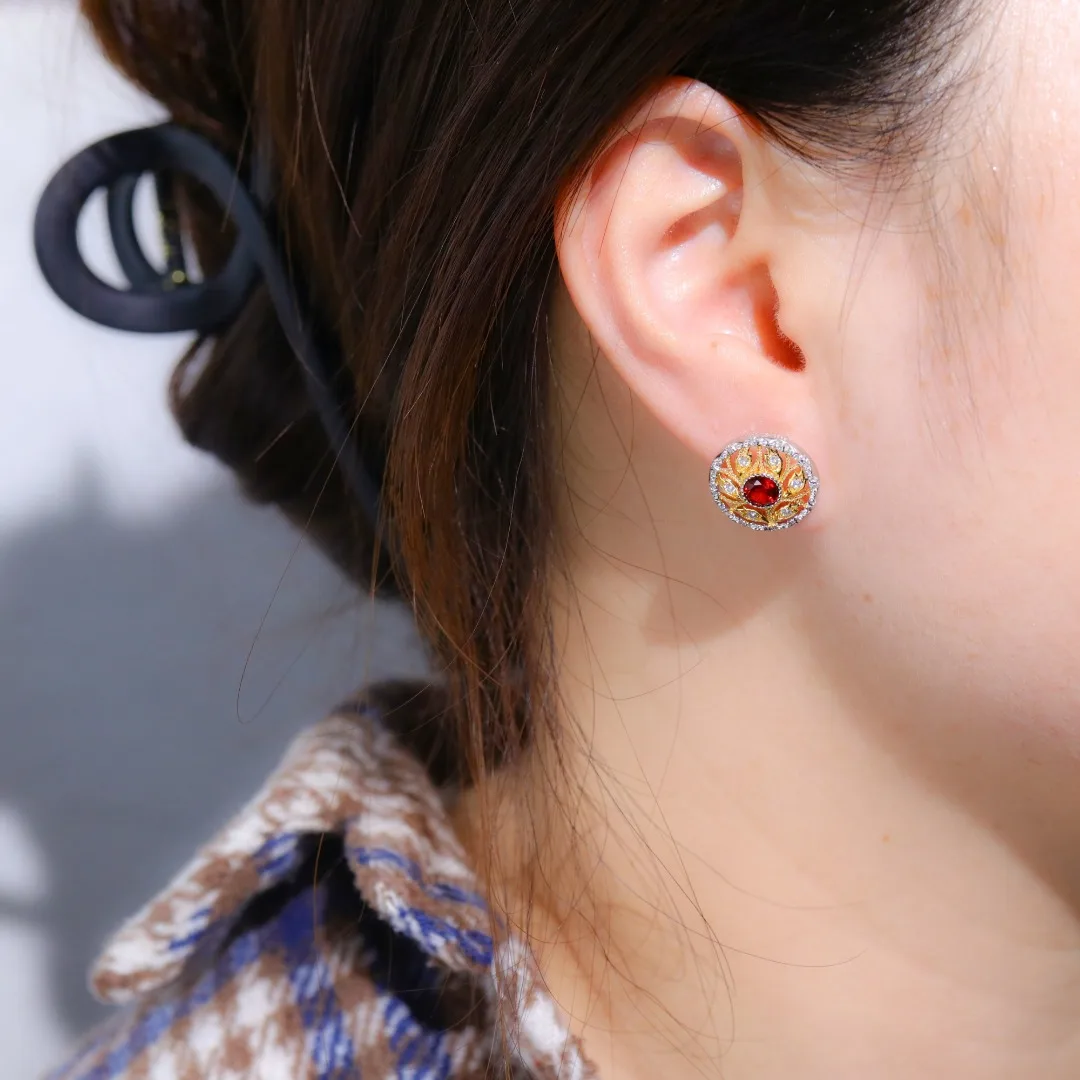 2025 New S925 Sterling Silver Hollow Out Vintage Elegant High Quality 5A CZ Dia 15mm Garnet Stud Earrings For Women