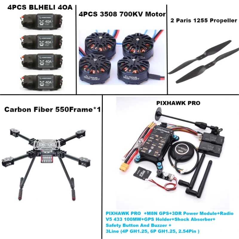 

RctoSk 550 Hexa Frame PIXHAWK PRO M8N Flight Control Carbon Ardupilot Radio Telemetry Quadcopter BLHELI 40A 3508 700KVMotor ESC