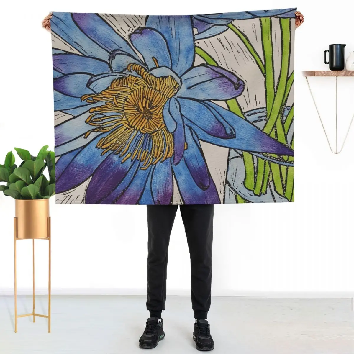 Kimberley Waterlily Linoprint Coloured Throw Blanket Sofa Decoratives Retros heavy to sleep Extra Large Throw Blankets