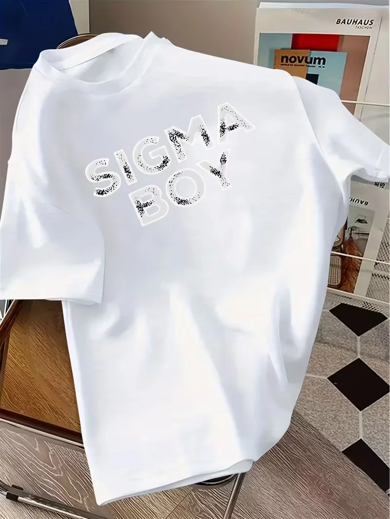 2026 Summer New Men's Oversized T-shirt SIGMA BOY Distressed Letter Print Casual Short Sleeve Streetwear Tops