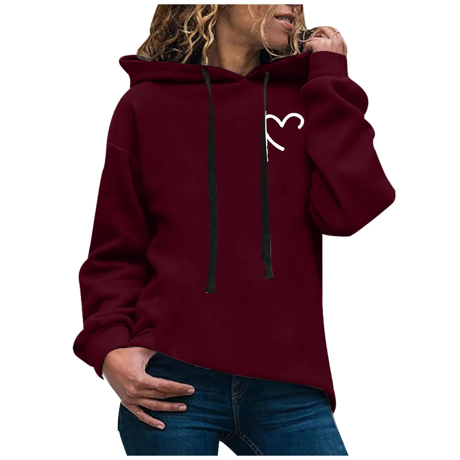 New Women Hoodie Warm Loose Drawstring Hood Pullover Heart Print Spring Casual Oversized Sweatshirts Streetwear