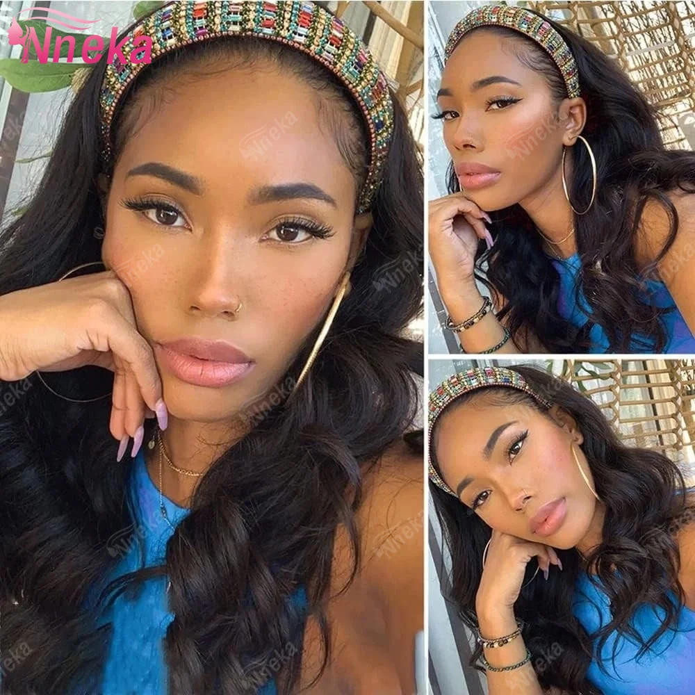 

200% Density 30 Inch Body Wave Headband Wig Human Hair for Black Women None Lace Front Wigs Wear And Go Machine Made Headband
