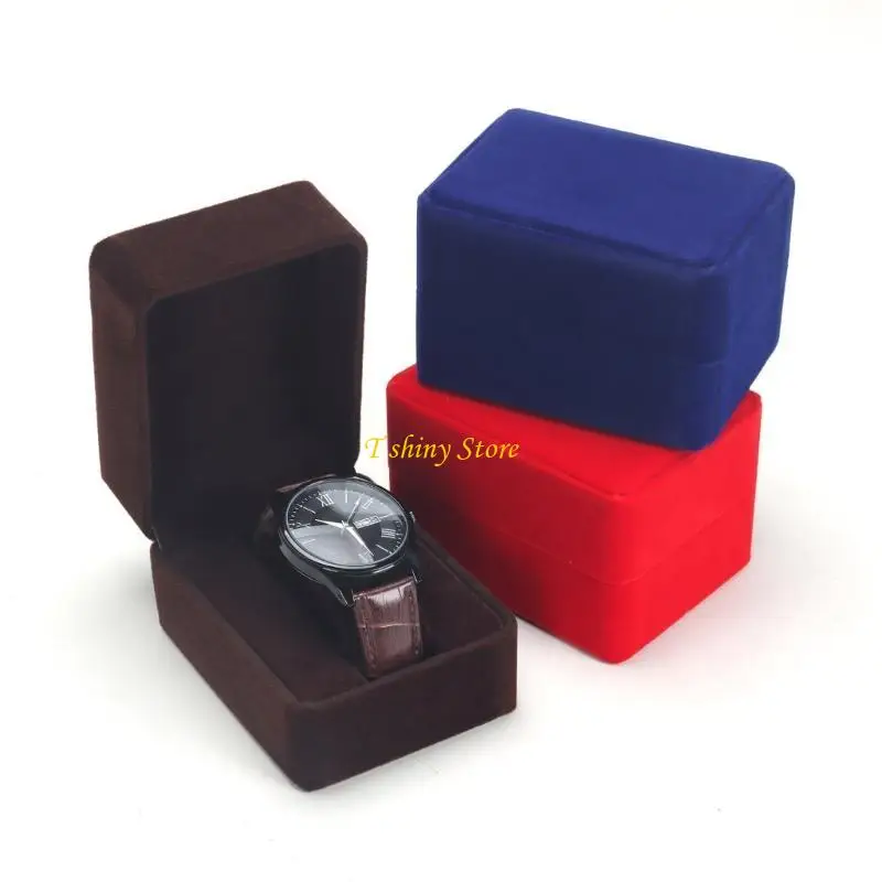 N58F Handmade Wrist Watch Box Travel Short Plush Box with Wristwatch Holder Rings Display Cases Men Adults