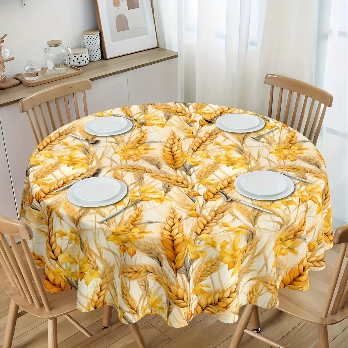 One round polyester tablecloth, woven, with floral pattern, 100% polyester, featuring a golden wheat harvest design.yzb