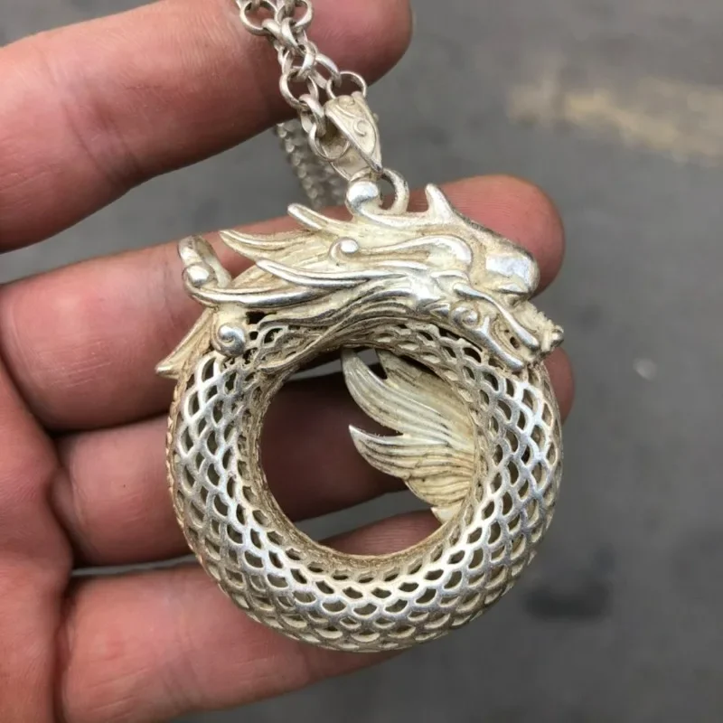 Vintage Collectible Antique Hollow Dragon‑Head Copper Pendant With Chain,Unisex Retro Necklace Jewelry,Real Shot