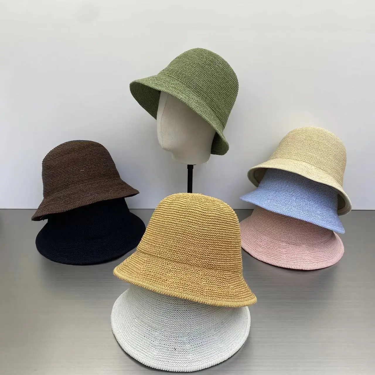 Solid Color Fine Straw Woven Bucket Hat Women Summer Outdoor Travel Foldable Sun Hat Handmade Crochet Sunscreen Beach Basin Hat