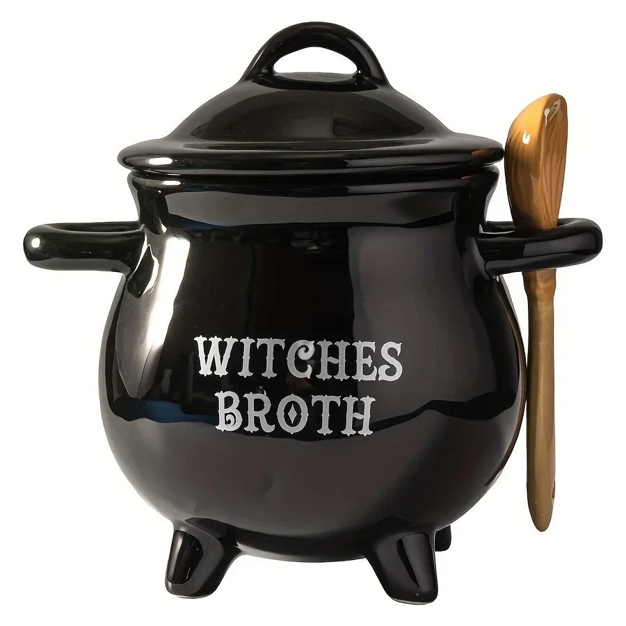 Creative Halloween Atmosphere Rendering Witch Brewing with Lid Spoon Pot Set Ceramic Soup Pot Home Living Room Decoration Gift