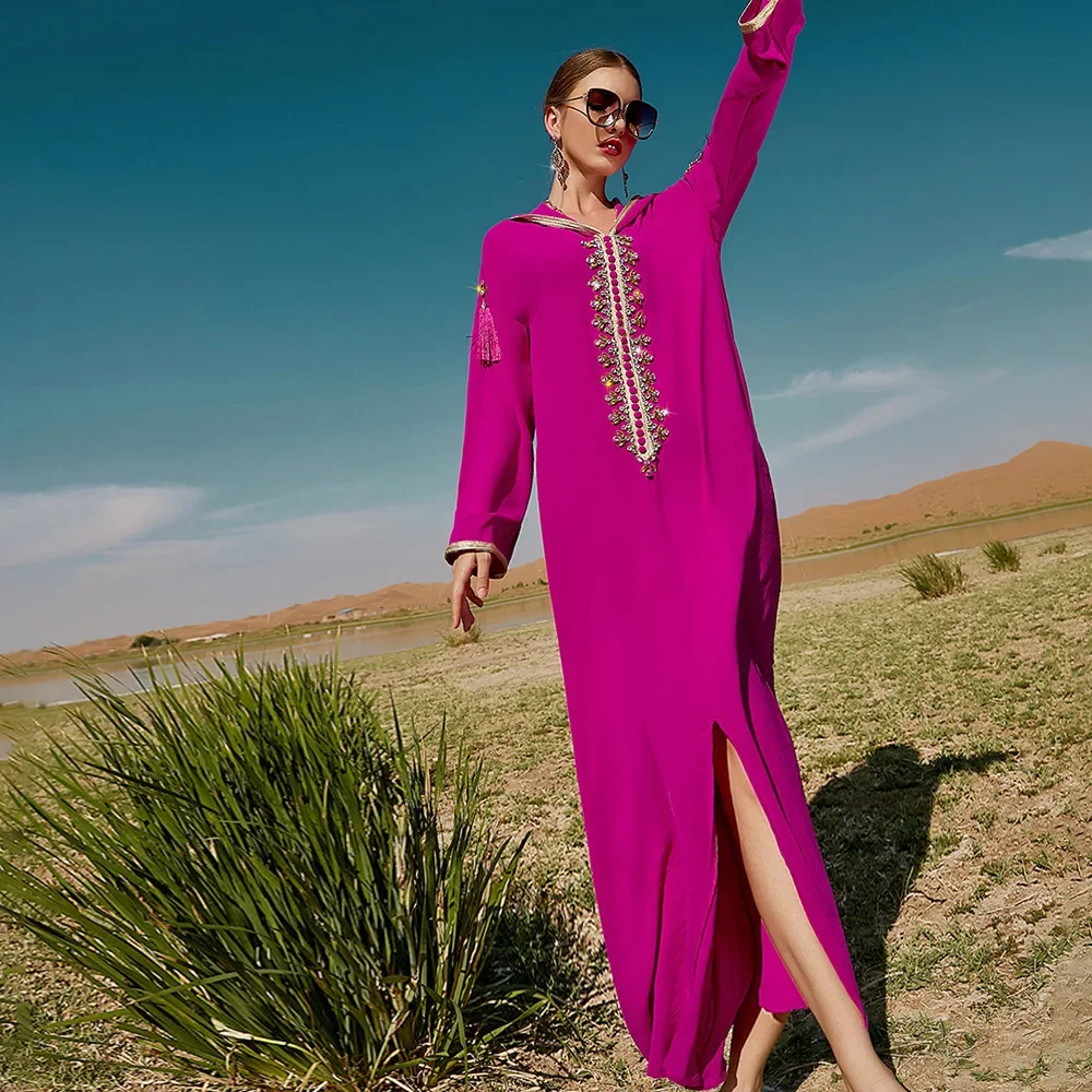 Femme Musulmane Vestido Eid Djellaba Ramadan Donne musulmane Maxi abito con cappuccio Abaya Turchia Caftano Islam Jalabiya Caftano Dubai Robe