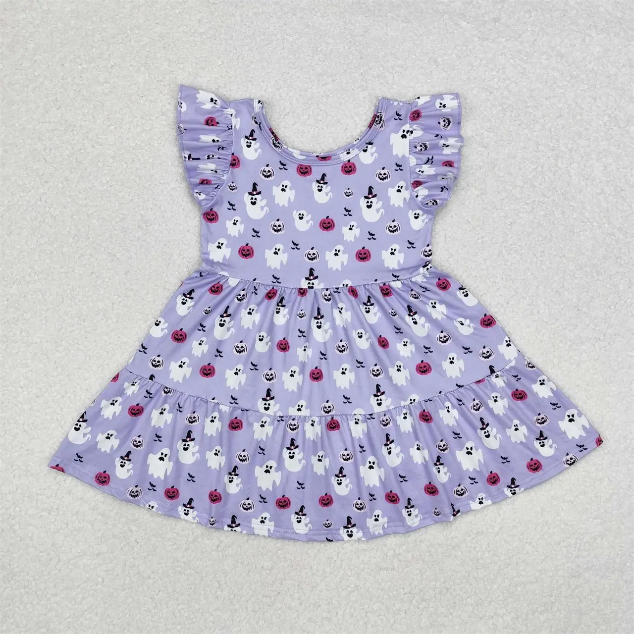 

Wholesale Toddler Halloween Baby Girl Purple Short Sleeves Knee Length Ghost Pumpkin Dress Kids Children One Piece Clothes