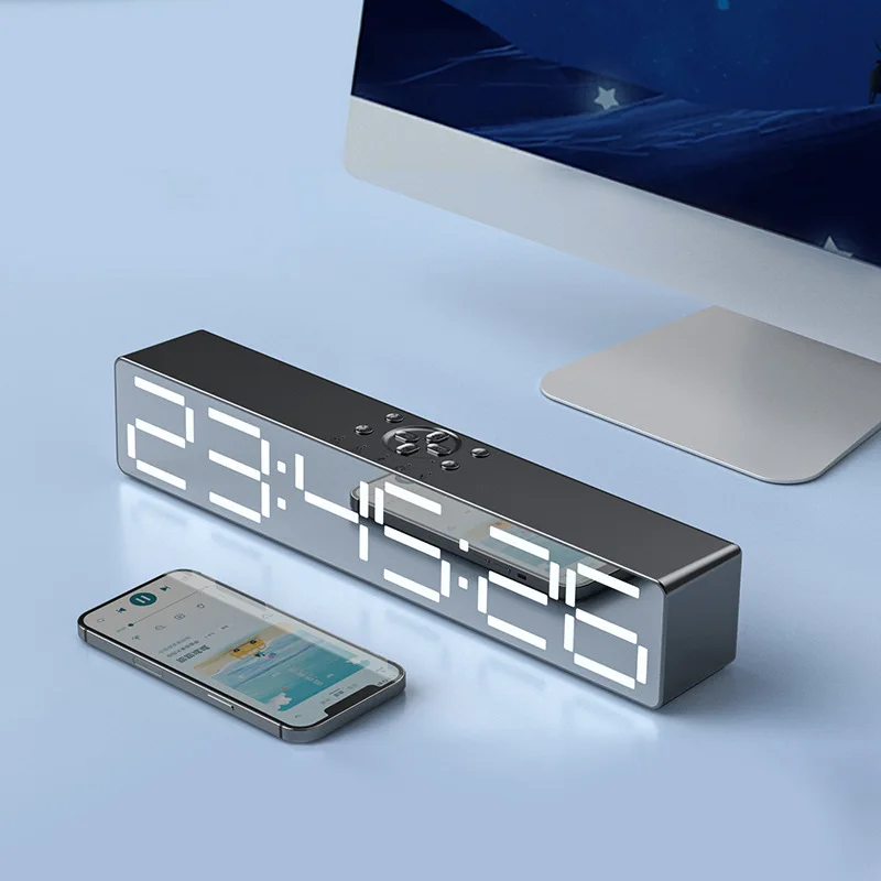 Long Strip Mirror Speaker with Display HD Alarm Clock Home Theater Grade Audio Desktop Display Time Bluetooth Speaker