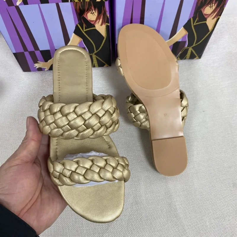 Summer Double Braid Modern Sandals Women 2024 New Flat Slides Leather Fashion Casual Slip on  Woman Outdoor Beach Shoes