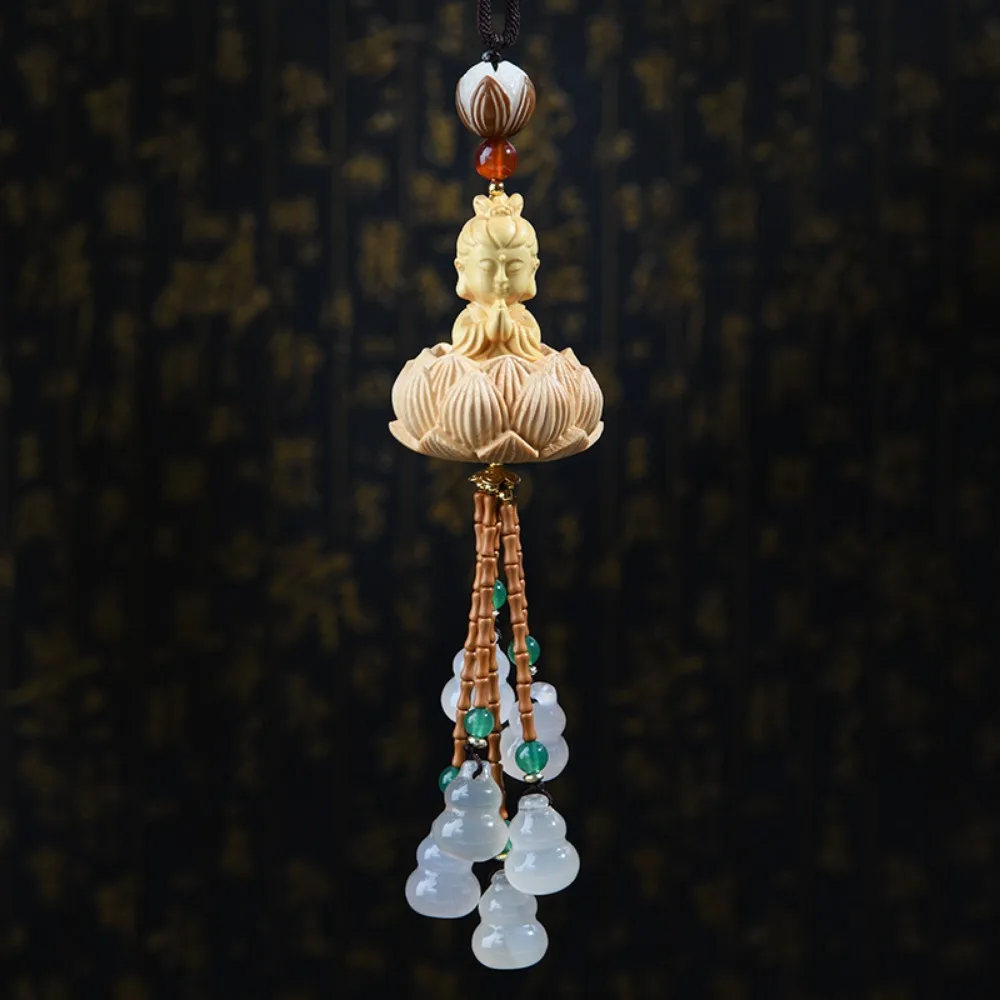 

Boxwood The Buddha Car Pendant Gourd Lotus Car Hanging Ornament Chinese Style Bless Safety Rearview Mirror Pendant Hanging Rope