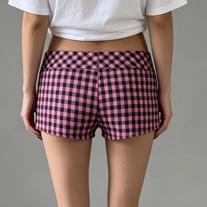 Summer Women's Y2K Lazy Fashion Street Wear Black Pink Grid Spicy Girl Double Button Decoration Slimming Ultra Mini Hot Pants