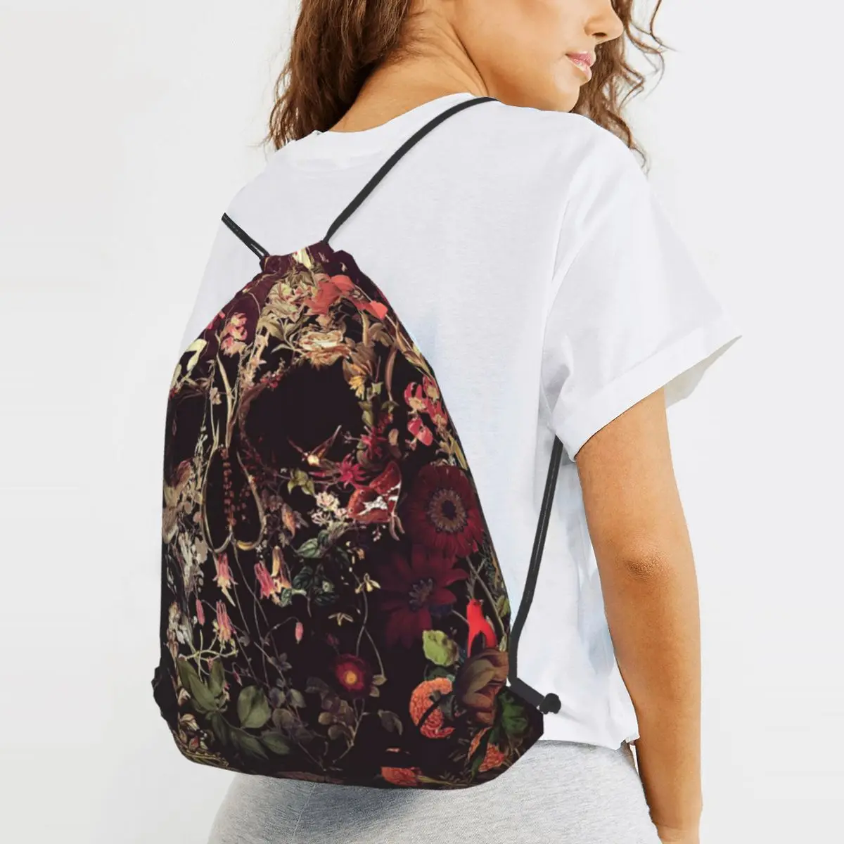 Bloom Skull Backpacks Multi-function Drawstring Bundle Pocket Sports Bag Book Bags for Travel Students