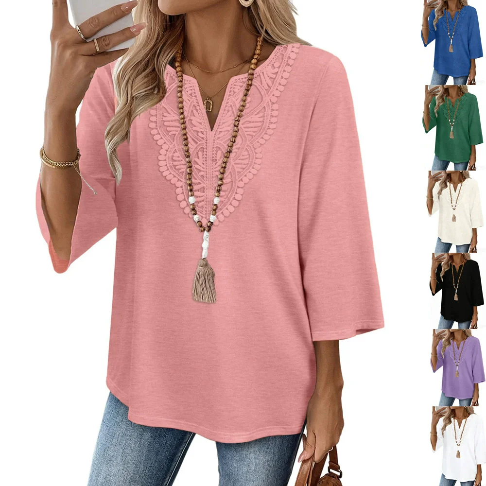

2026 Women's Blouses Cotton Linen Lace Patchwork Shirts Casual Solid V-Neck 3/4 Sleeve Loose Blouse Spring Summer Fashion Tops