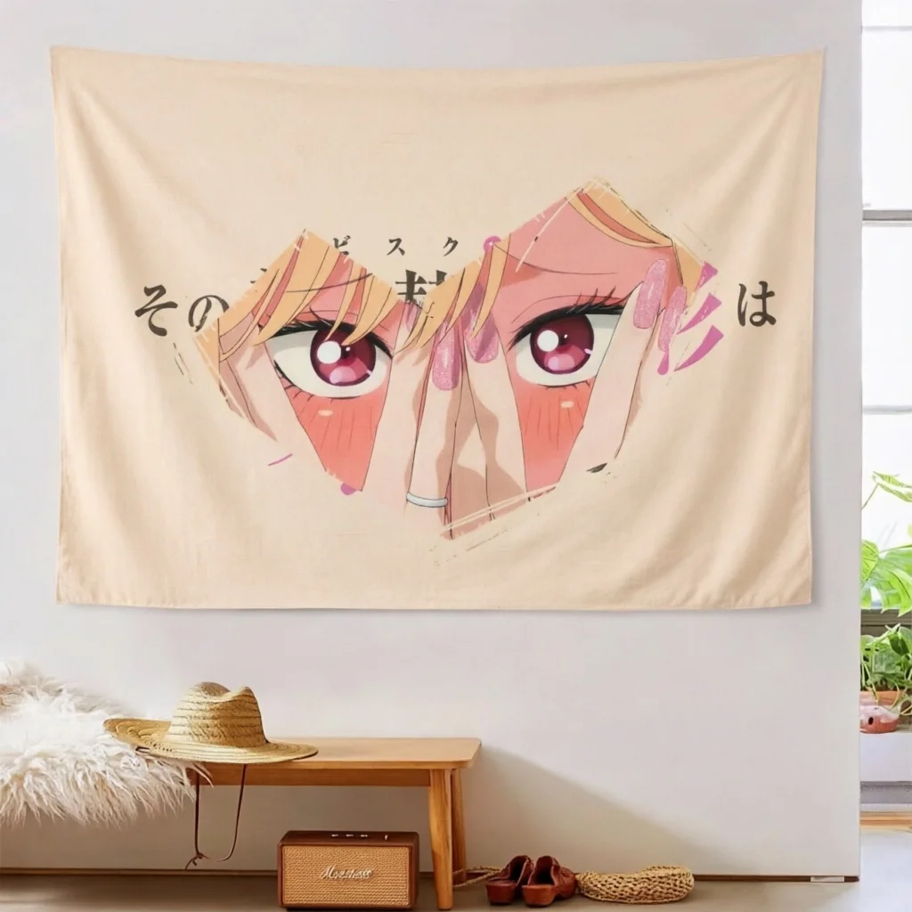 1pc M-Marin KKitagawa Close Eyes Tapestry Blush Girl Torn Paper Frame Polyester Wall Hanging Y2K Kawaii Decor Bedroom Dorm