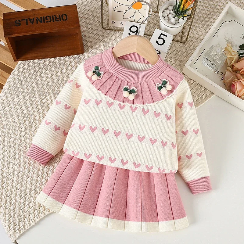 2025 New Autumn Winter Children Clothes Suit Long Sleeved Knitted Pullover Sweater+Short Skirt 2-6Yrs Baby Girls Clothing Set