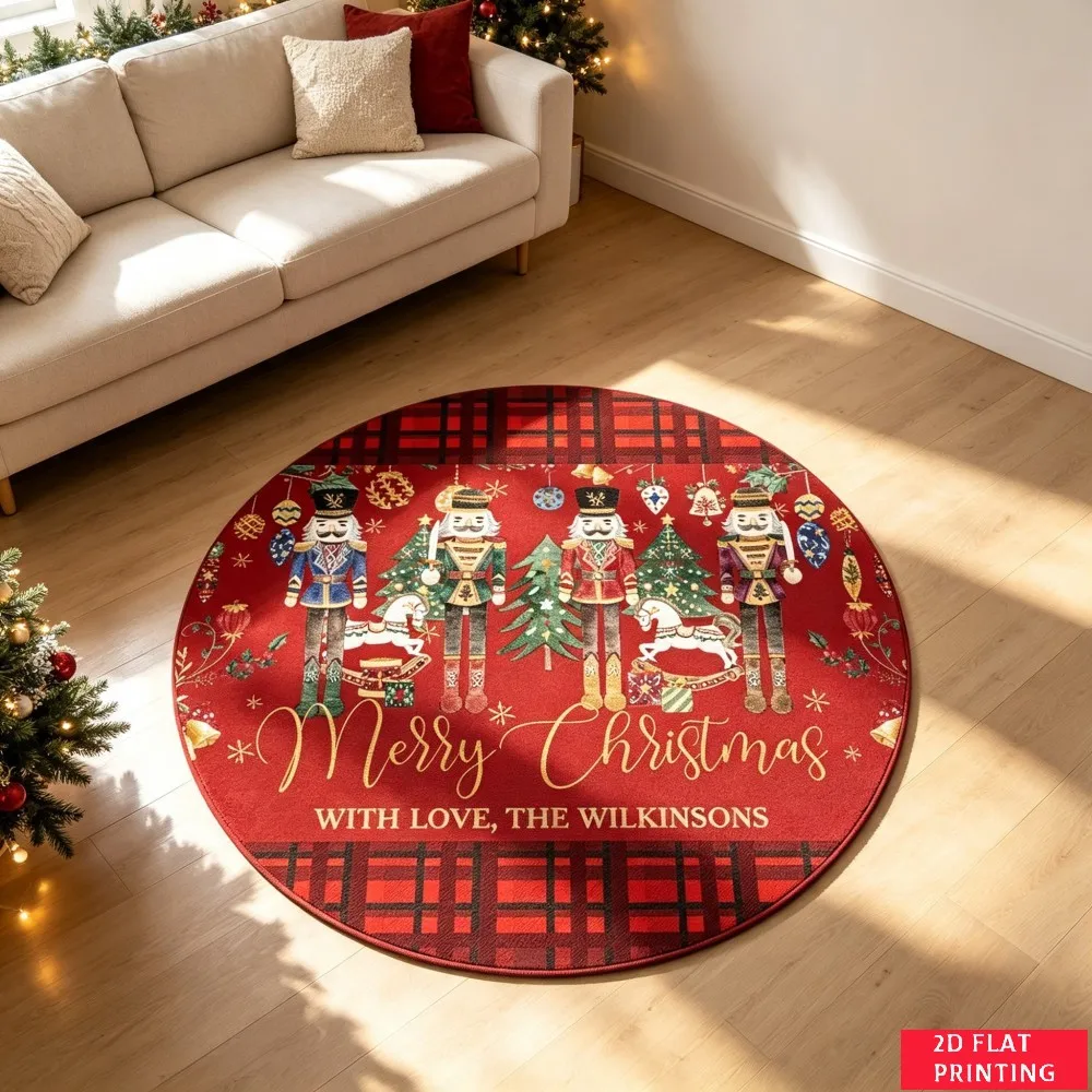 Nutcracker Soldier Checkerboard Border Christmas Tree Gift Round Rug For Holiday Entryway Featuring Red Black Gold Festive Print