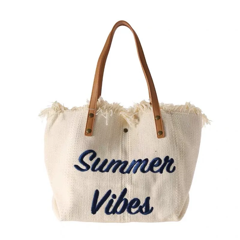 New Women Alphabet Tassel Canvas Bag Female Large Capacity Simple Commuting Student One Shoulder Tote Bag Beach Travel Handbag