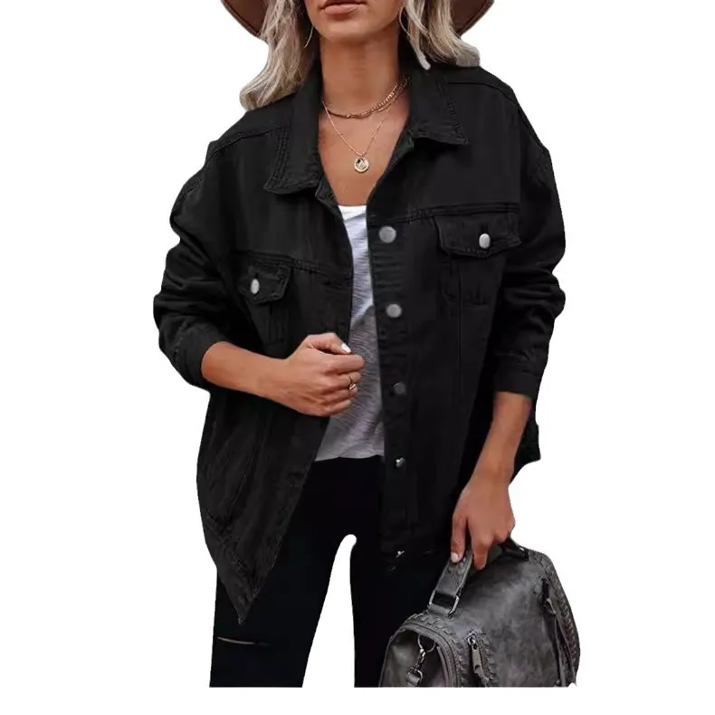 Women's Loose Denim Jacket, Classic Long Sleeve Button Down Boyfriend Jean Trucker Jacket