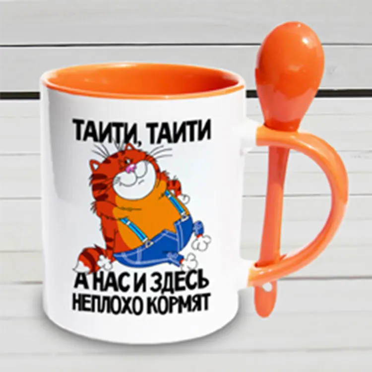 blank heat transfer cheap ceramic stoneware promotion gift coffee long spoon 11 oz inner color custom tea mug with spoon