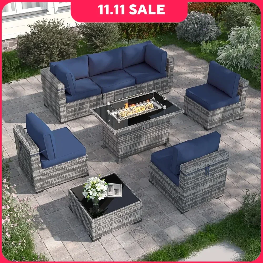 Fire Pit, Patio Furniture Wicker Furniture Couch Set, Outdoor Sectional Sofa with Furniture Cover, 44