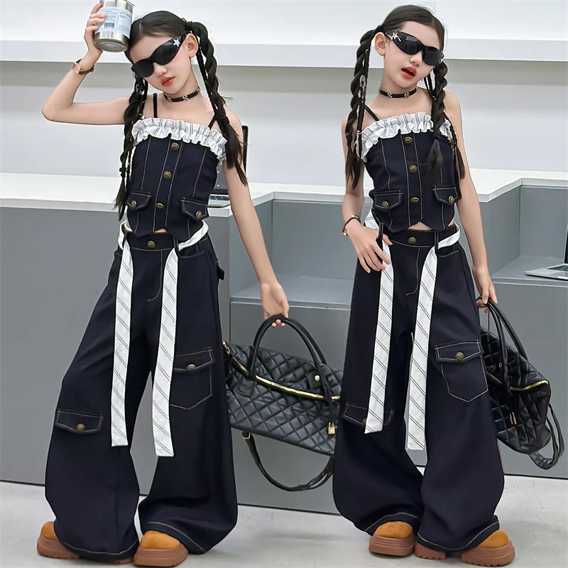 

Kids Girls Y2K 2PCS Denim Outfit Ruffle Spaghetti Strap Cami Top + Patchwork Wide Leg Cargo Jeans Streetwear Set Casual Outfits