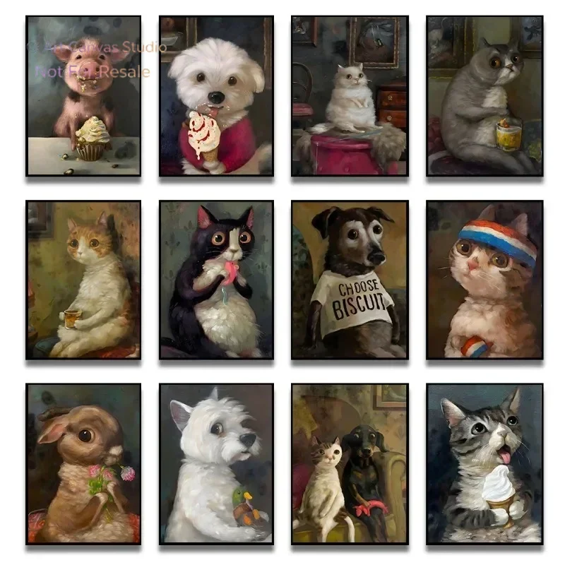 Funny Animals Personify Poster Print Cat Dog Rabbit Hamster Eat Something Canvas Wall Art for Living Room Home Decor Unframed