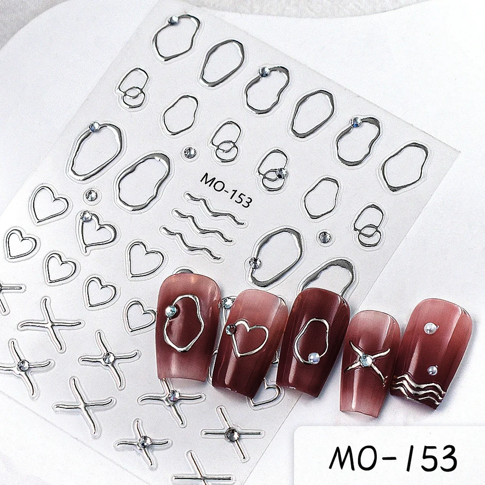 5D 릴리프 크리스탈 다이아몬드 골드 및 실버 불규칙한 물결 모양의 라인이 있는 프랑스 네일 아트 스티커 러브 패턴 네일 아트 데칼