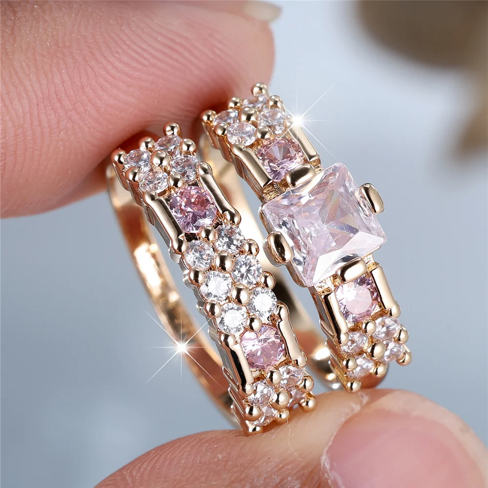Crystal Female White Pink Zircon Stone Ring Set Gold Color Bridal Wedding Promise Love Engagement Jewelry For Women