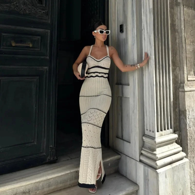 Women Summer Crochet Knit Maxi Dress Halter Sleeveless Contrast Bodycon Hollow Out Backless Beach Party Long Vestidos Female