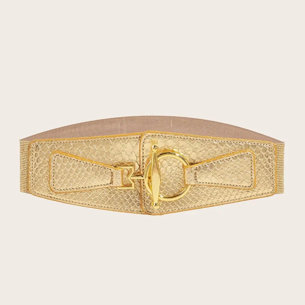

Personality PU Leather Gold Cummerbunds High Waist Round Buckle Female Waistband Elastic Dress Girdle Wide Waist Belt Dress