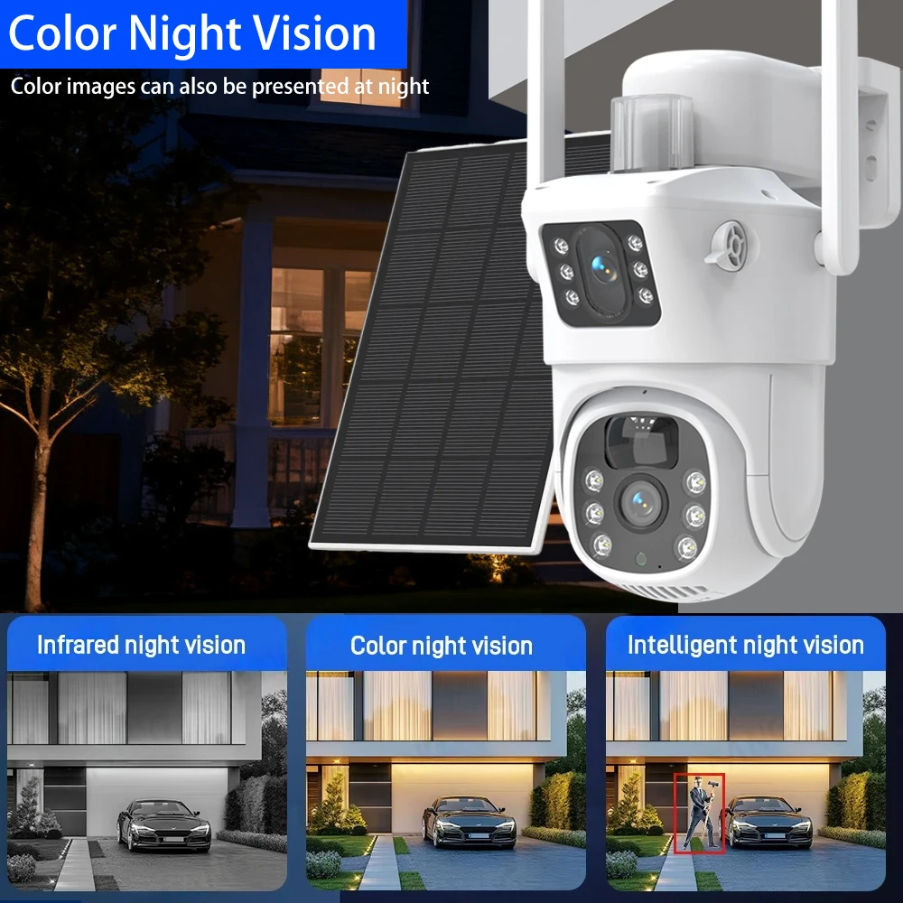 8MP 4K 5G & 2.4GHZ واي فاي كاميرا شبكة مراقبة أمنية ملونة عدسة مزدوجة تعمل بالطاقة الشمسية بطارية CCTV إنذار كشف الإنسان كاميرا IP