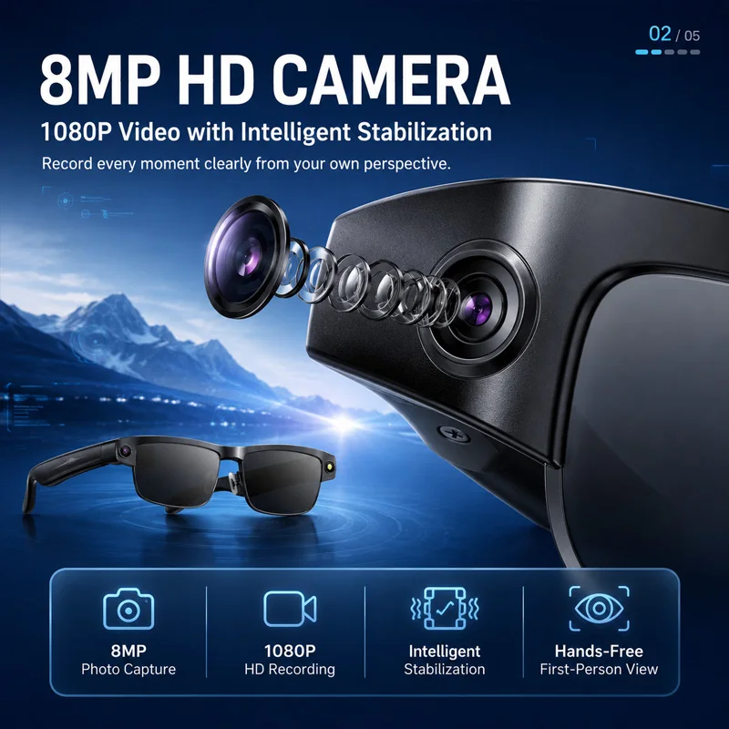 Al Smart Photo Glasses 800W Camera 1200P Anti-shake HD Video Recording Translation Voice Assistant Music BT Call Smart Glasses