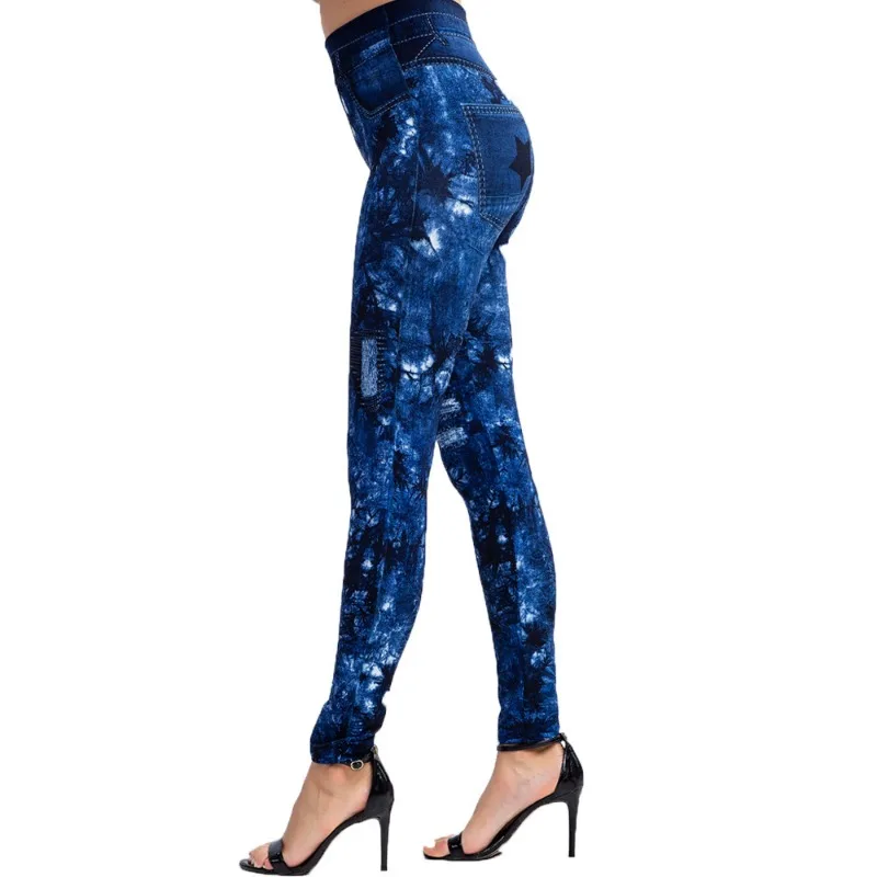 Women Print Imitation Denim Legggings Stretchy Slim Tights High Waist Hip Liftting Casul Pants Workout Running Gym Pants