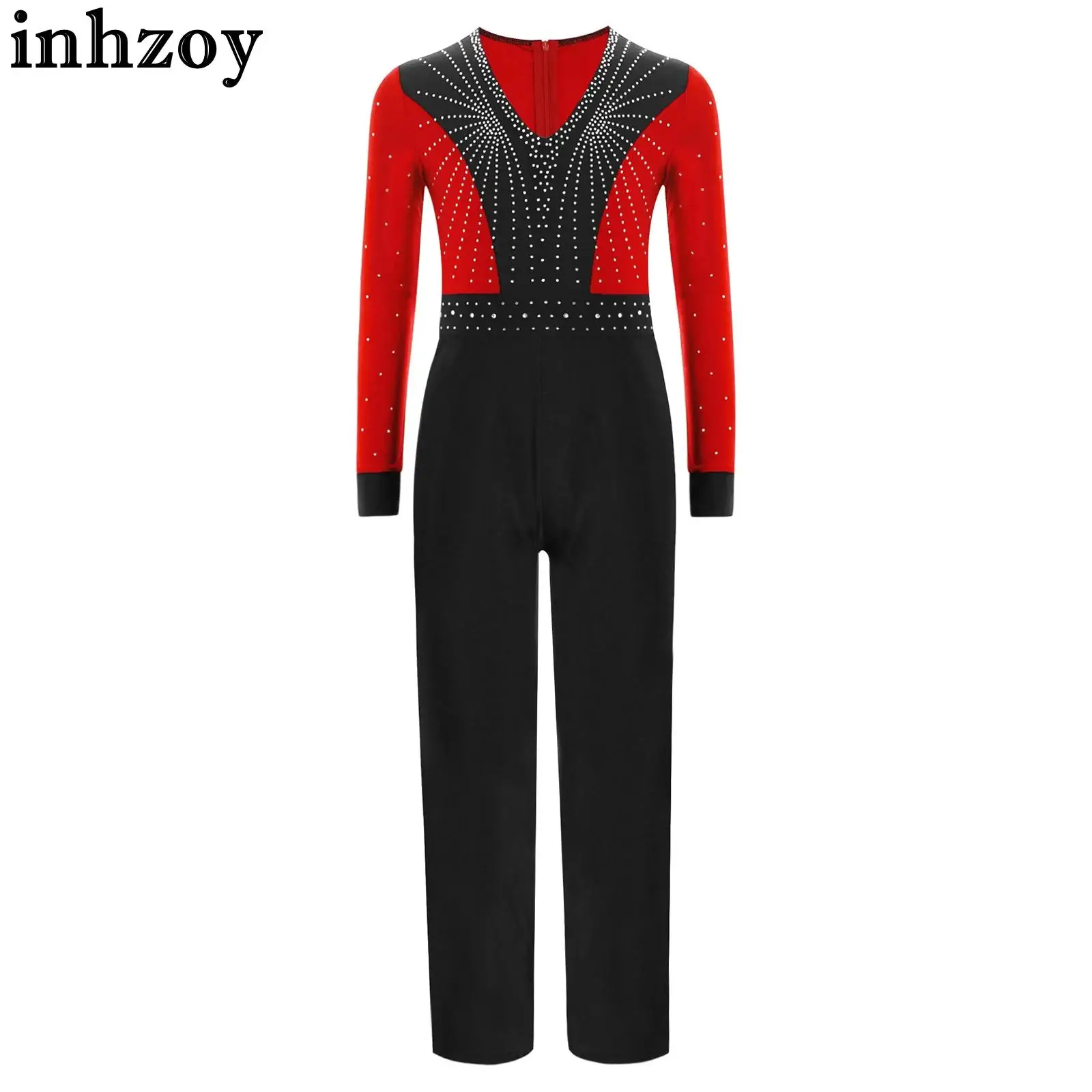 New Kids Boys Latin Dance Jumpsuit Figure Skating Ballroom Competition Performance Costume Long Sleeve Rhinestone Full Leotard