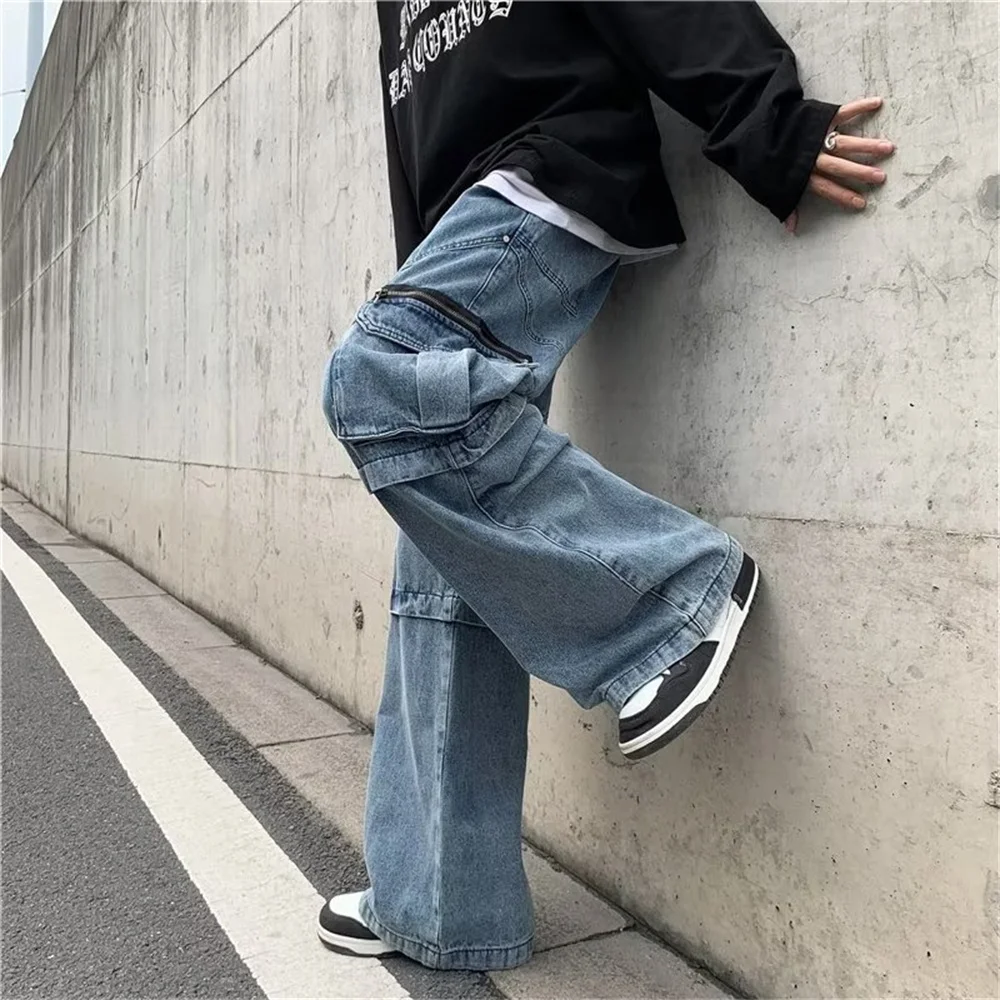 Men's High Waist Jeans Straight Dinem Trouser Male Black Jeans Side Multi Pocket Blue Loose Elastic Band Cargo Pants