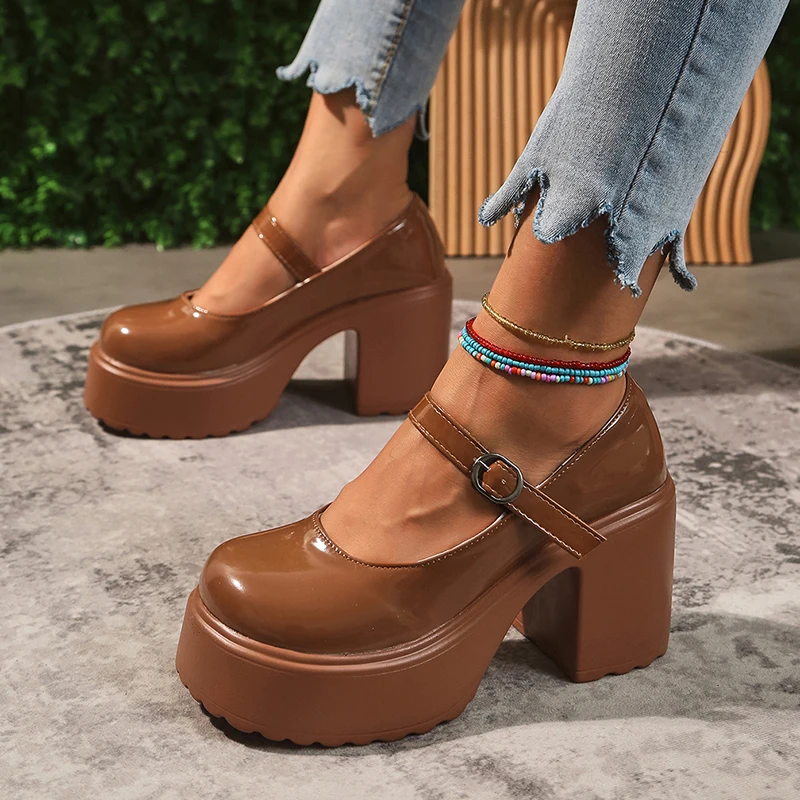 All-purpose bold heel one word buckle small leather shoes women's new winter 2024 heavy-soled retro style Mary Jane single shoes