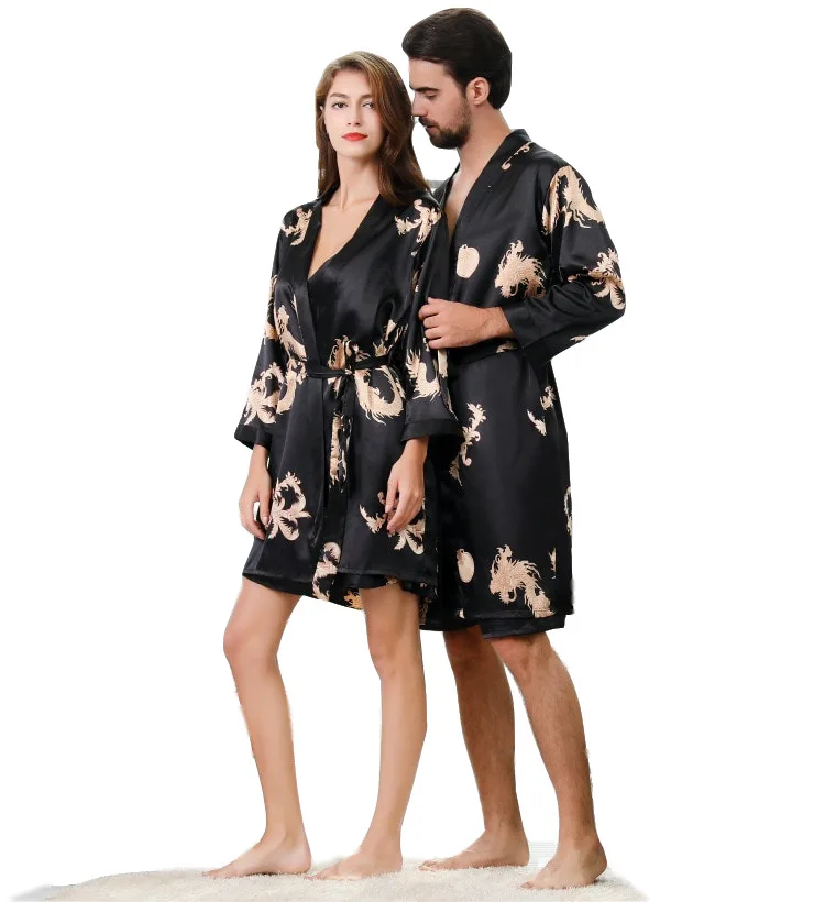 Men's Robe Nightgown Print Kimono Single Piece Bathrobe or Short Sleeves Robe Shorts Set / Long Sleeve Satin Bathrobe Shorts Set