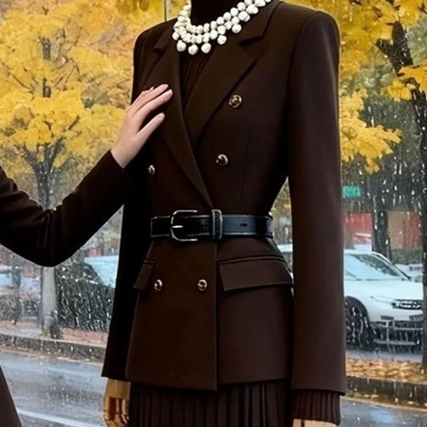 Women Brown Two Piece Suit Set 2026 New Double Breasted Blazer Pleated Maxi Skirt Belted Office Outfit Lady two-piece dress suit view 3