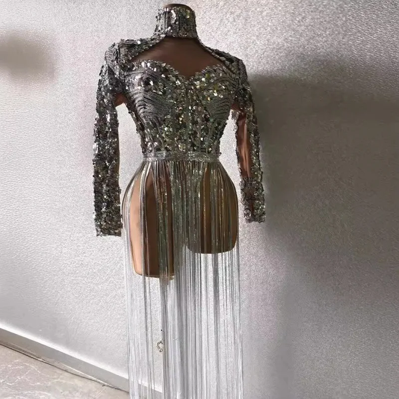 لامعة الماس شرابة الاجتماع السنوي المضيف بار ملهى ليلي أداء الملابس مثير فستان بكم طويل Vestidos De Boda Para Fiestas