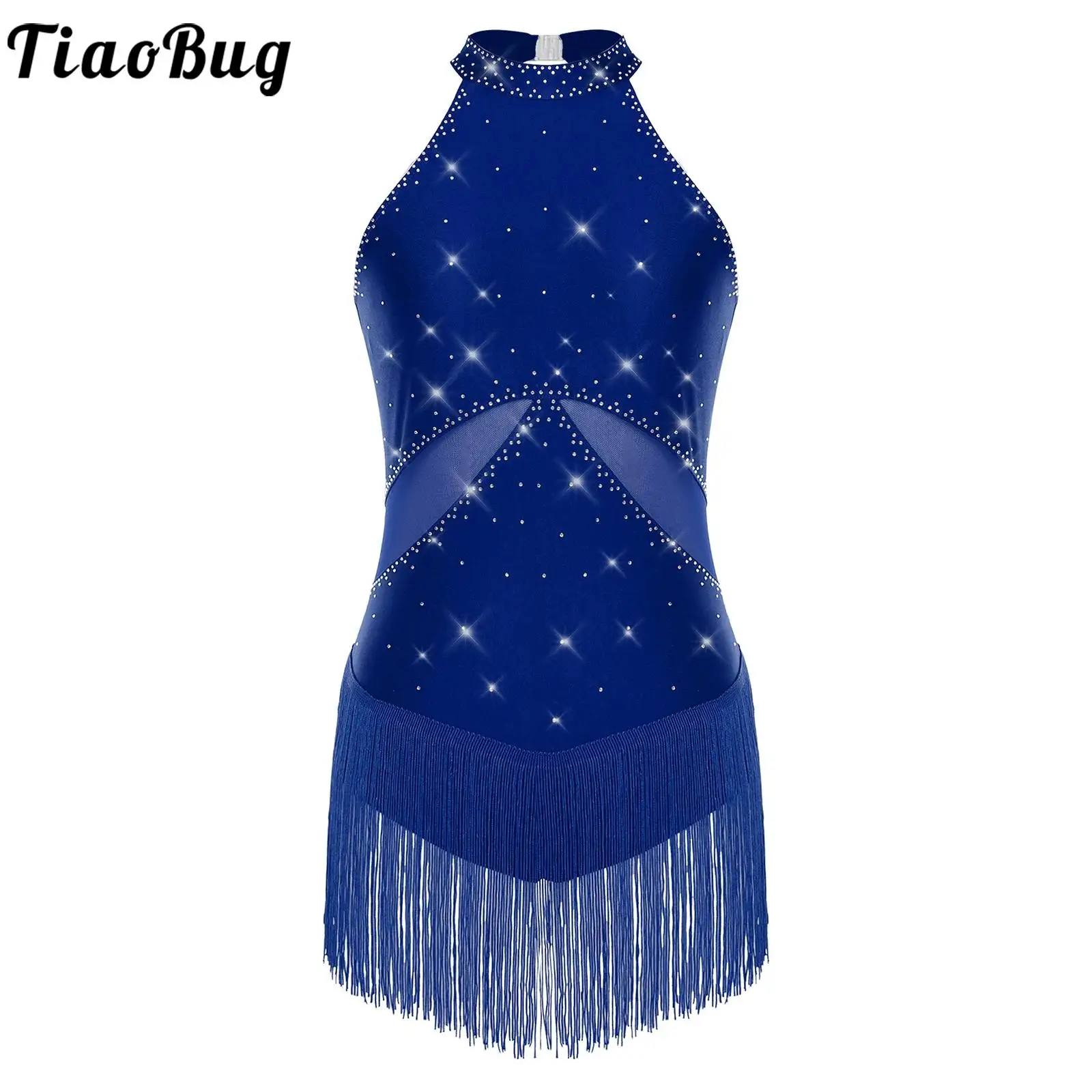 

Women Tassel Latin Chacha Jazz Dance Leotard Dress Sparkly Rhinestones Mesh Patchwork Bodysuit Dance Dress Salsa Rumba Dancewear