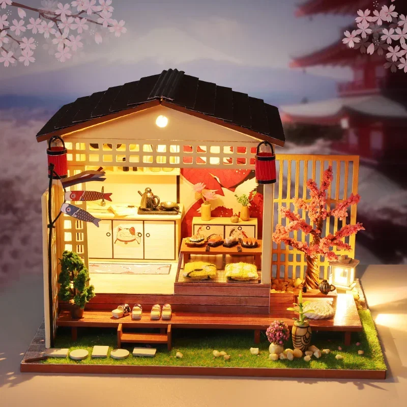 DIY Cherry Blossoms Villa Japanese Casa Wooden Doll House Miniature Building Kits Dollhouse With Furniture for Girls Gifts