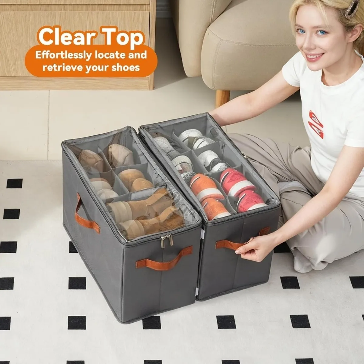2 Pack Shoe Organizer Closet Storage Box Foldable Fabric Bin Stackable Divider System Clear Lid Space Saving Fits 16 Pairs