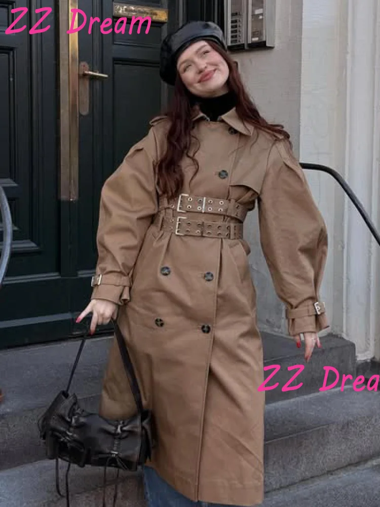 Women's Long Trench Coat Double Breasted Hooded Punk Crop Jacket With Belt Waist Cinched Windbreaker 2025 Autumn Lady Outwear